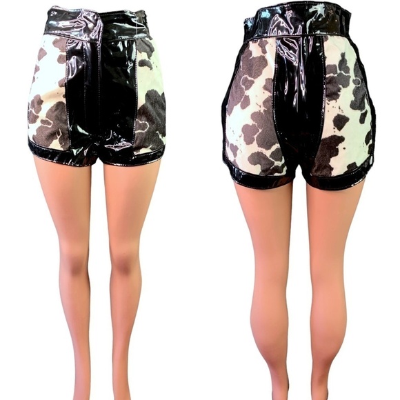 M. LEVAC COW PRINT SHORT VINYL BLACK WHITE MINI SHORT HIGH RISE HANDMADE LARGE - Picture 3 of 17
